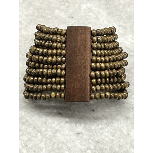 Chunky Wood Bangle & Wooden Beaded Wide Stretch Bracelet Set of 2 Hippie Boho - Picture 3 of 8